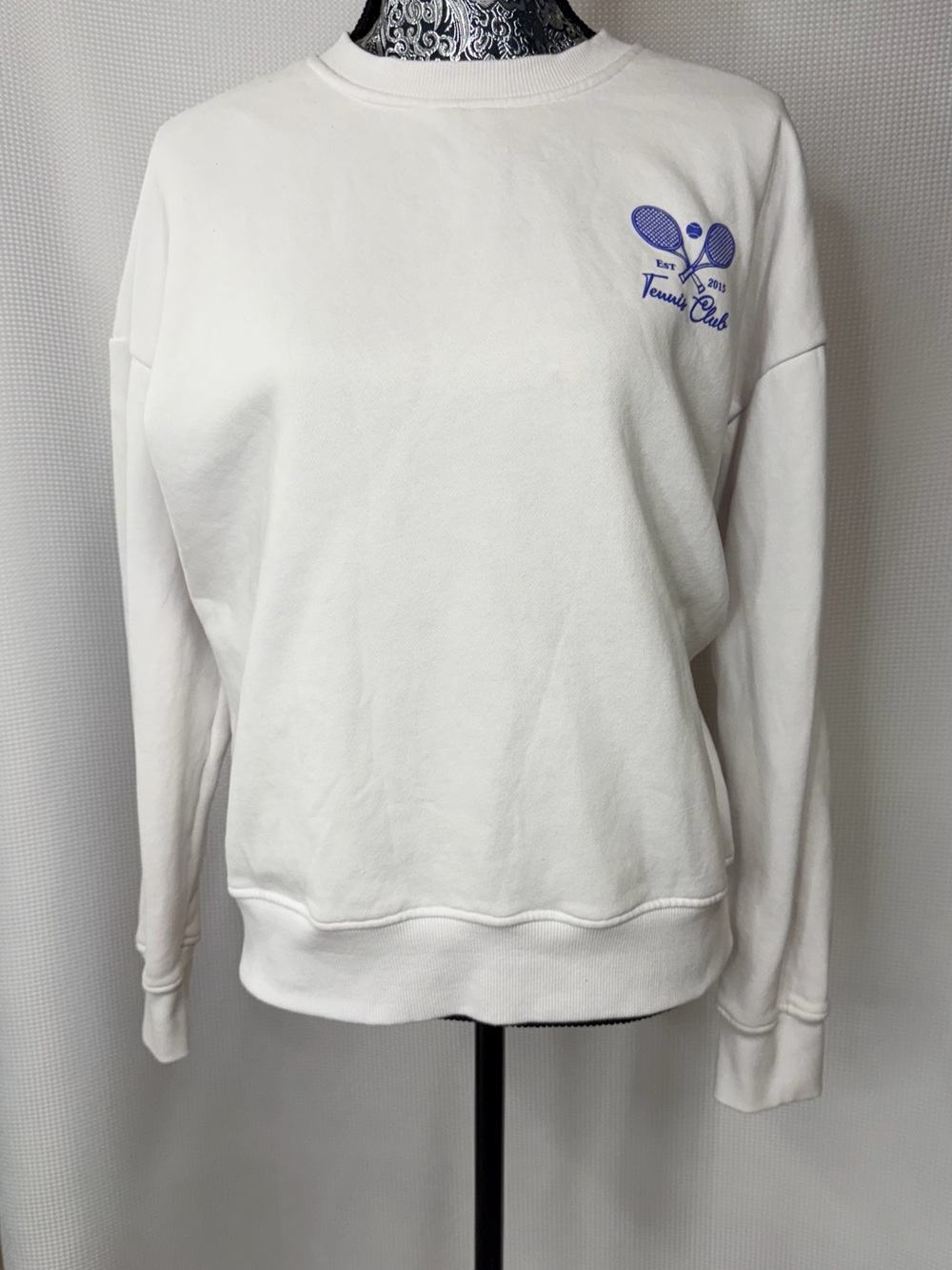 Tennis Club Graphic Crewneck Sweatshirt - White with Blue Print - Picture 4 of 15
